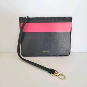 Paul Smith Black Pink Leather Zip Pouch Wristlet Wallet Designer Classic Logo